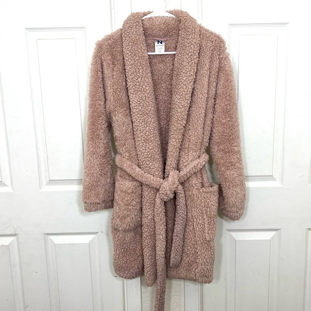 Natori Plush Lounge Cardigan Robe Fuzzy Teddy Sherpa in Rose Size L/XL - Picture 2 of 13